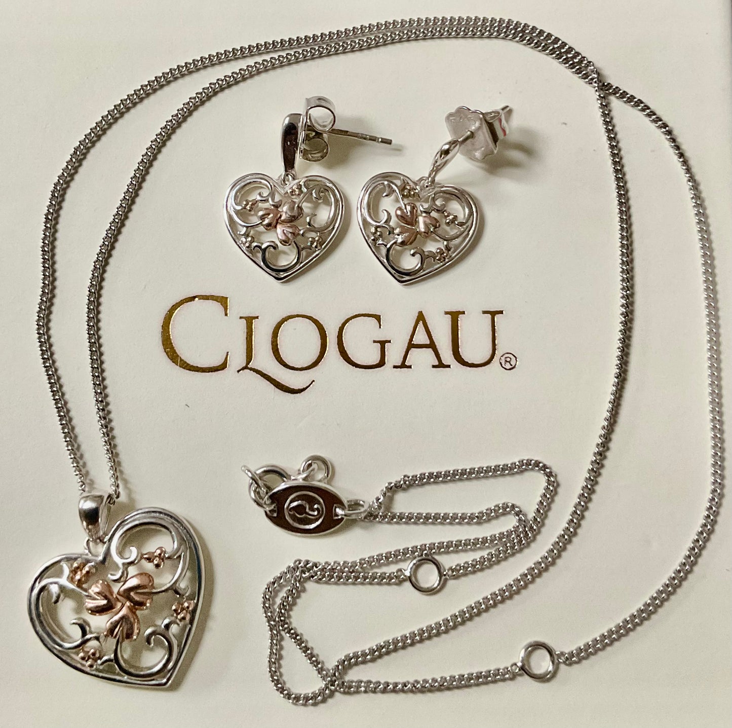 Clogau One Heart matching 18-22” necklace (£120) & earrings (£120) set (£210) in silver & rose gold