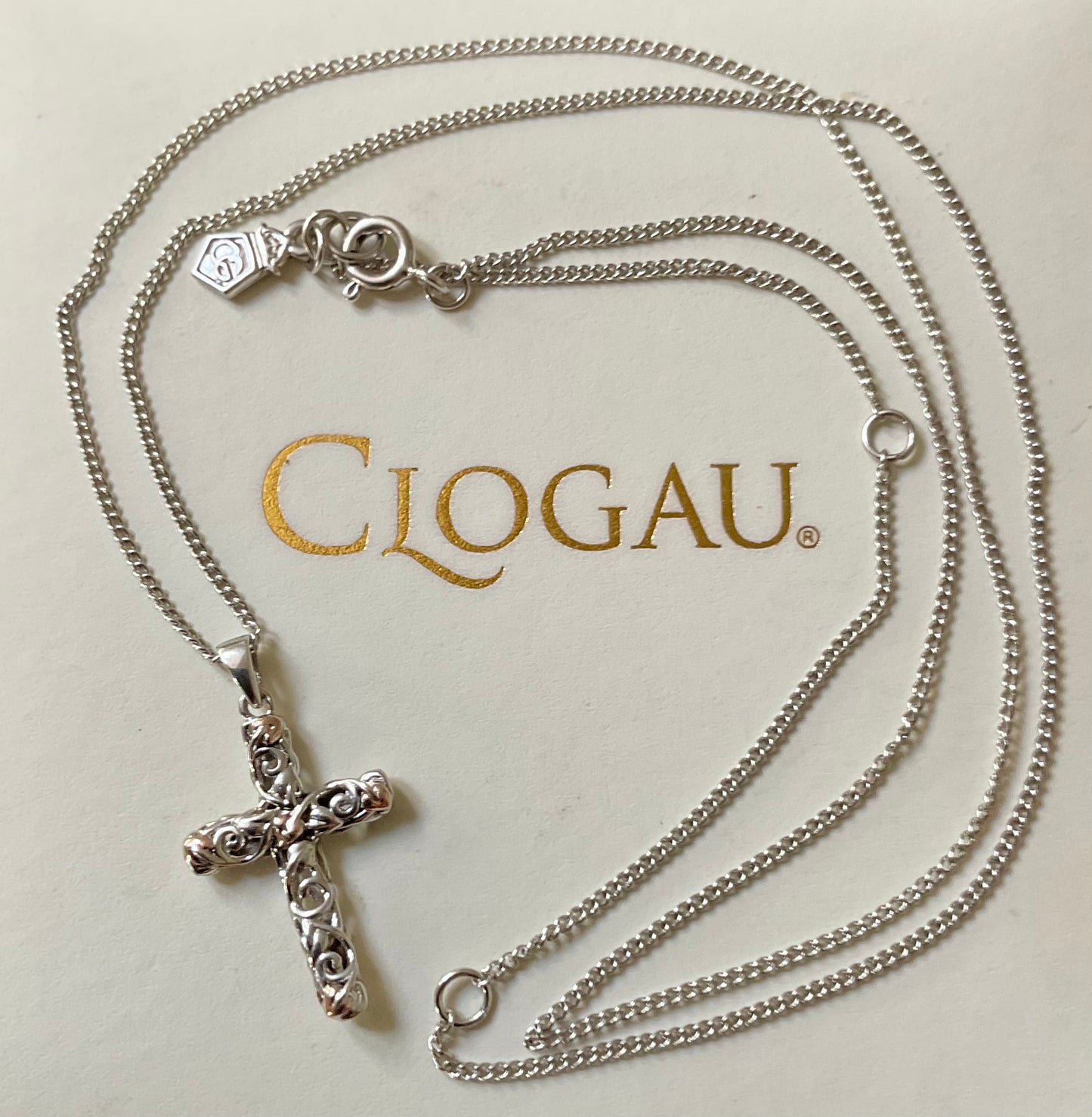Clogau Tree of Life filigree cross pendant 18-22” necklace silver and rose gold