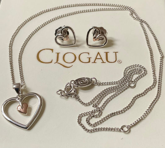 Clogau Tree of Life Heart 18-22” necklace (£100) and earrings (£90) set (£180) in silver & rose gold