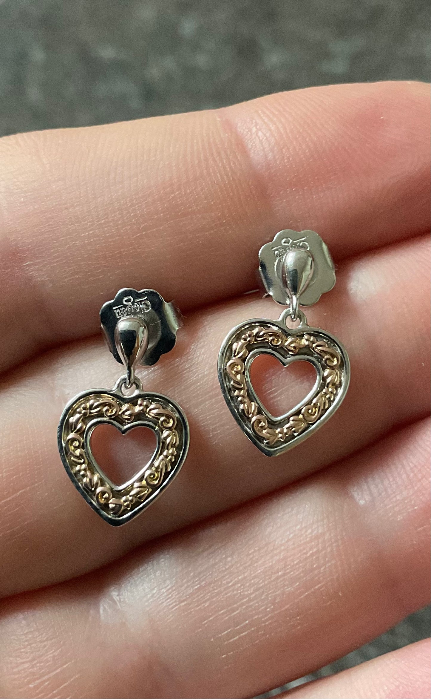 Clogau Tree of Life Inlay Heart drop earrings in silver and rose gold