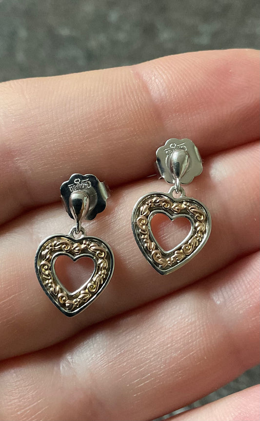 Clogau Tree of Life Inlay Heart drop earrings in silver and rose gold
