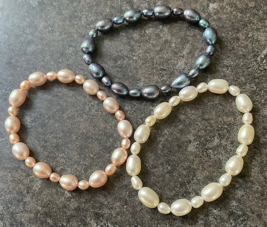 Honora set of 3 Freshwater Pearl stretch bracelets in pink, white and peacock blue