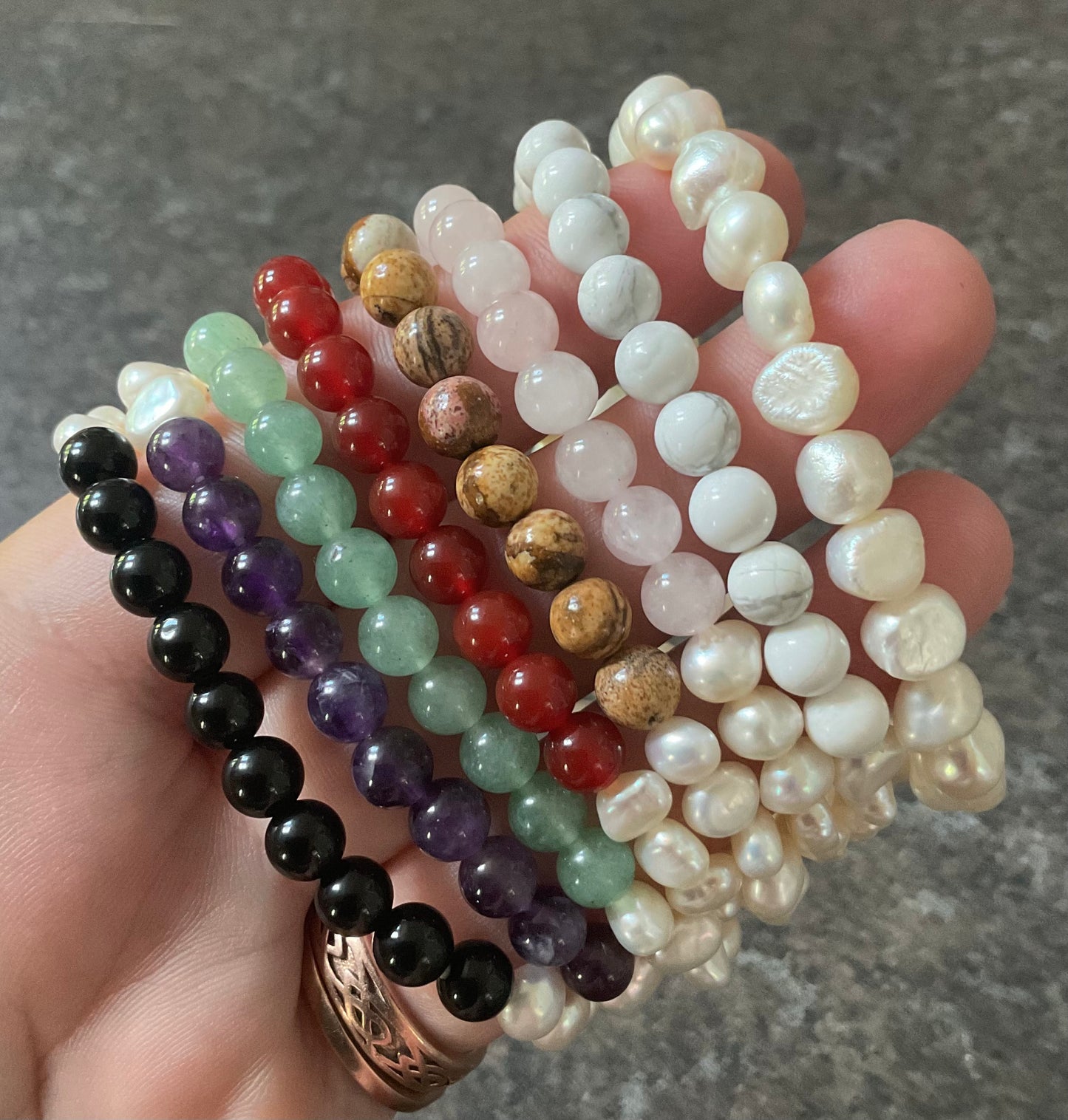 Honora set of 8 Freshwater Pearl and semi precious gemstone stretch stacking bracelets