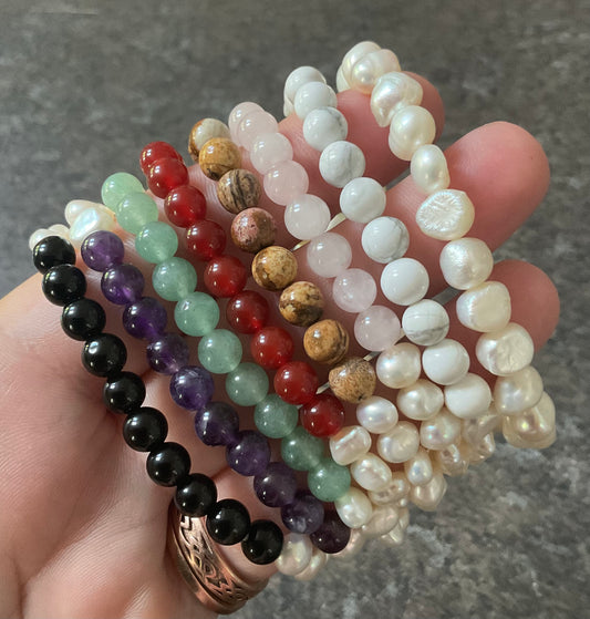 Honora set of 8 Freshwater Pearl and semi precious gemstone stretch stacking bracelets
