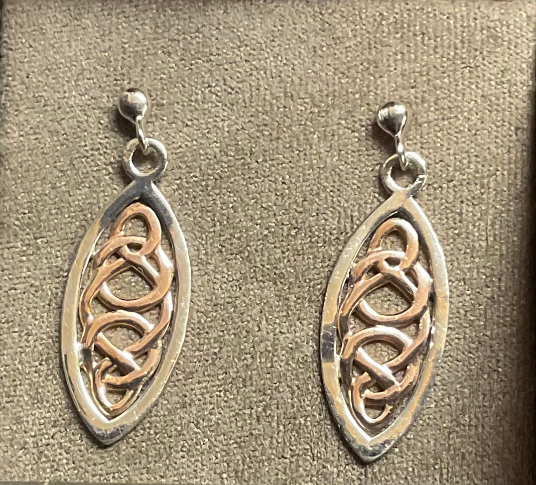 Clogau Queen Eleanor elliptical drop earrings in 925 sterling silver and 9ct rose gold