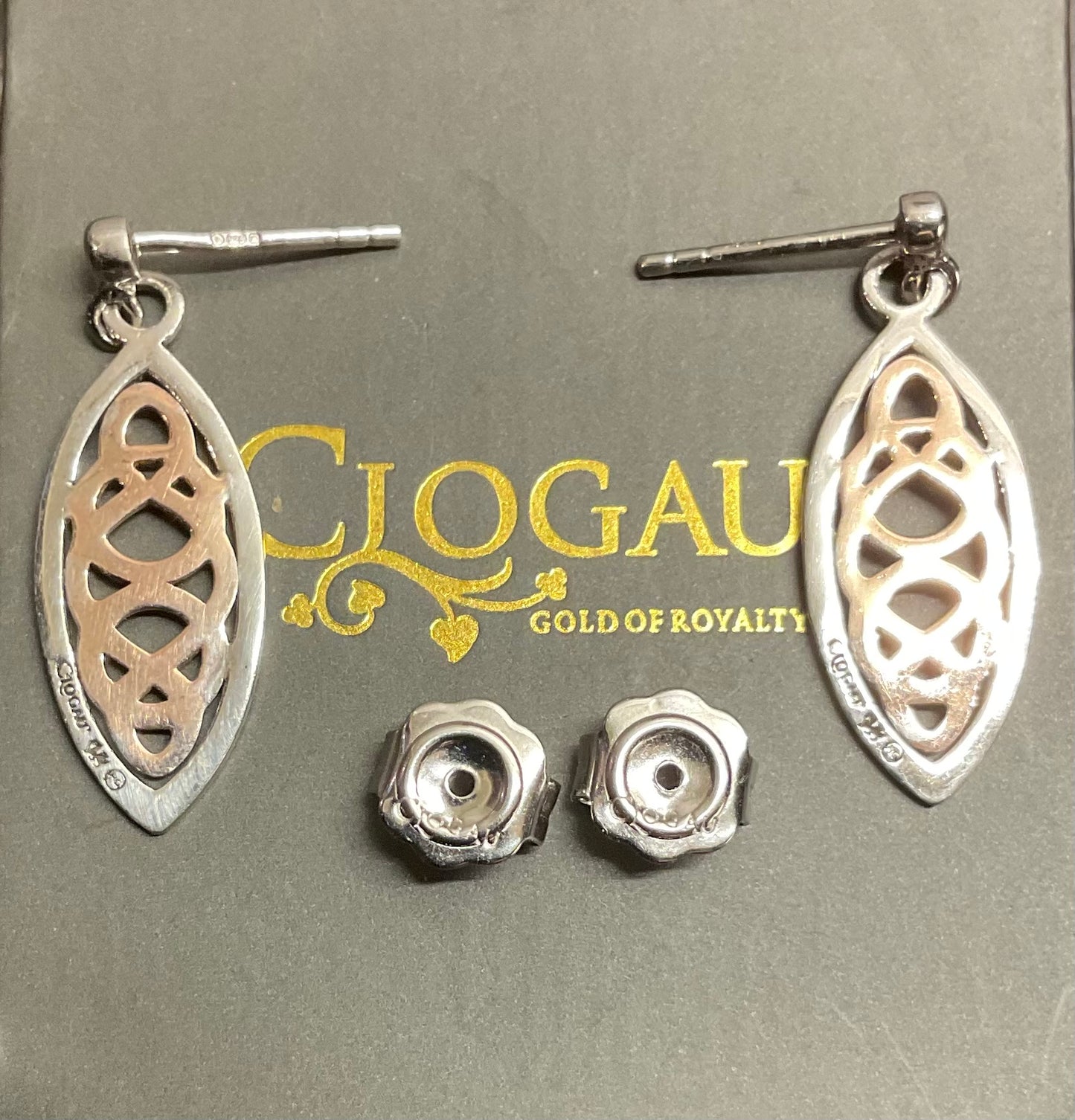 Clogau Queen Eleanor elliptical drop earrings in 925 sterling silver and 9ct rose gold
