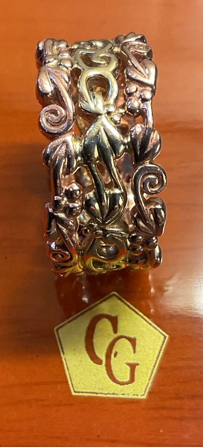 Clogau 9ct 3 row wide band ring in yellow and rose gold size L 7g