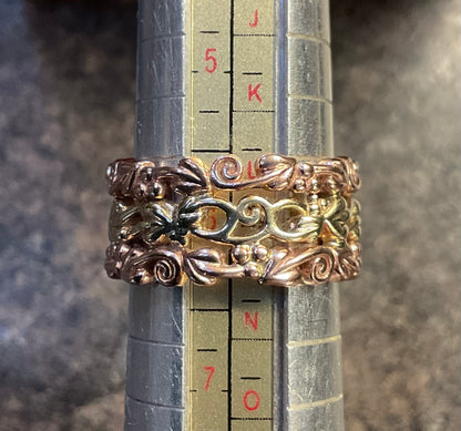 Clogau 9ct 3 row wide band ring in yellow and rose gold size L 7g