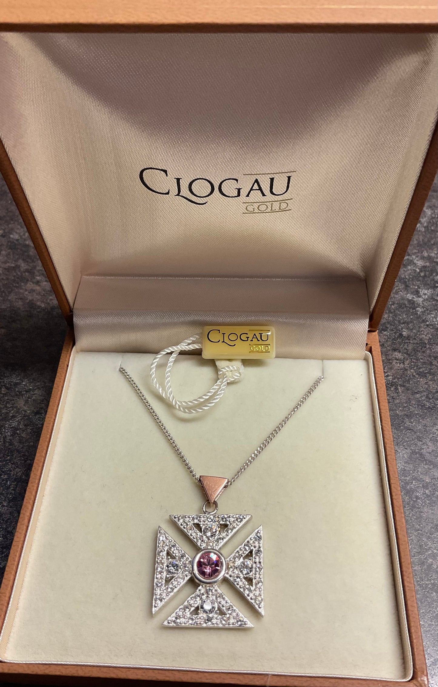 Clogau Royal Cross pink and clear stone pendant necklace in silver and rose gold 18”