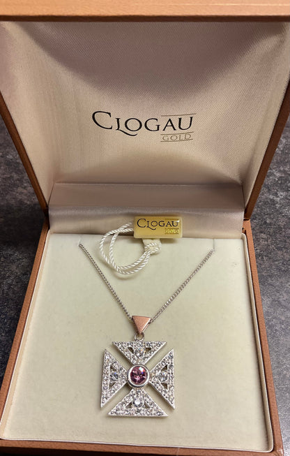 Clogau Royal Cross pink and clear stone pendant necklace in silver and rose gold 18”