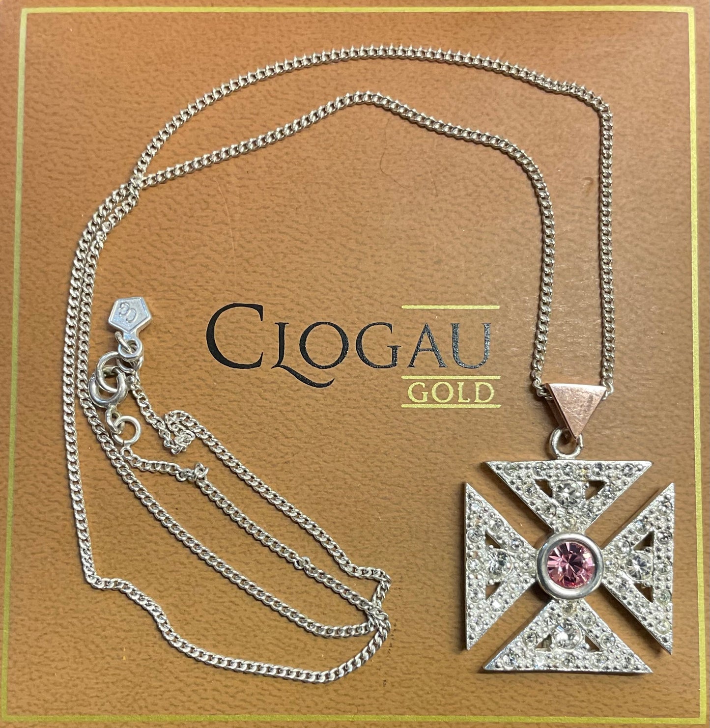 Clogau Royal Cross pink and clear stone pendant necklace in silver and rose gold 18”