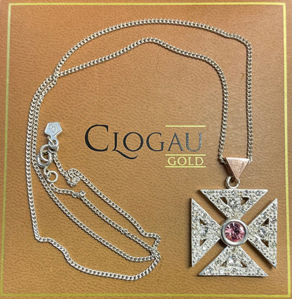 Clogau Royal Cross pink and clear stone pendant necklace in silver and rose gold 18”