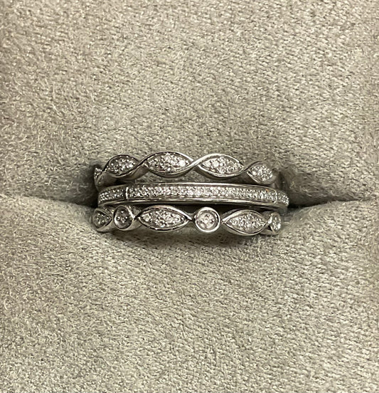 3 x 9ct White Gold Diamond stacking band rings size O1/2 - P RRP £699