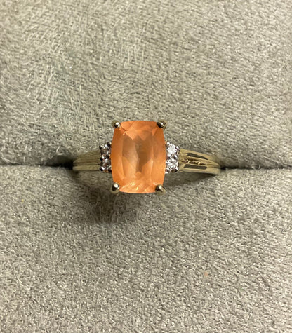 9ct pale orange gemstone ring with diamonds size N1/2 yellow gold