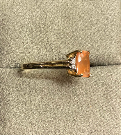 9ct pale orange gemstone ring with diamonds size N1/2 yellow gold