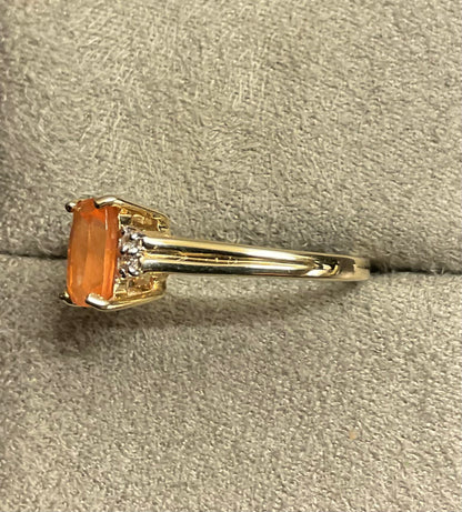 9ct pale orange gemstone ring with diamonds size N1/2 yellow gold