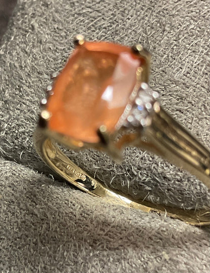9ct pale orange gemstone ring with diamonds size N1/2 yellow gold