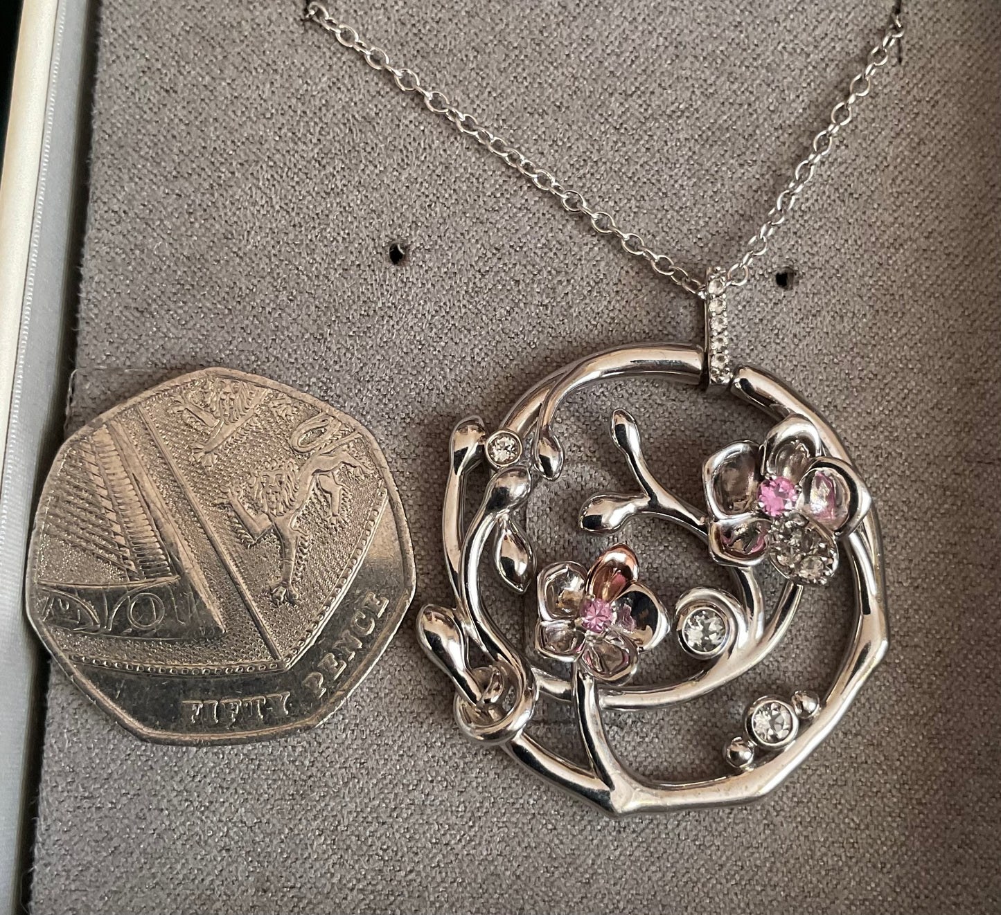 Rare Clogau Pink Sapphire and White Topaz Orchid Circular pendant necklace in silver and rose gold 20-24”
