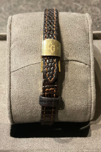 Ladies Clogau 9ct Diamond accent watch with original brown leather strap in yellow and rose gold new battery working