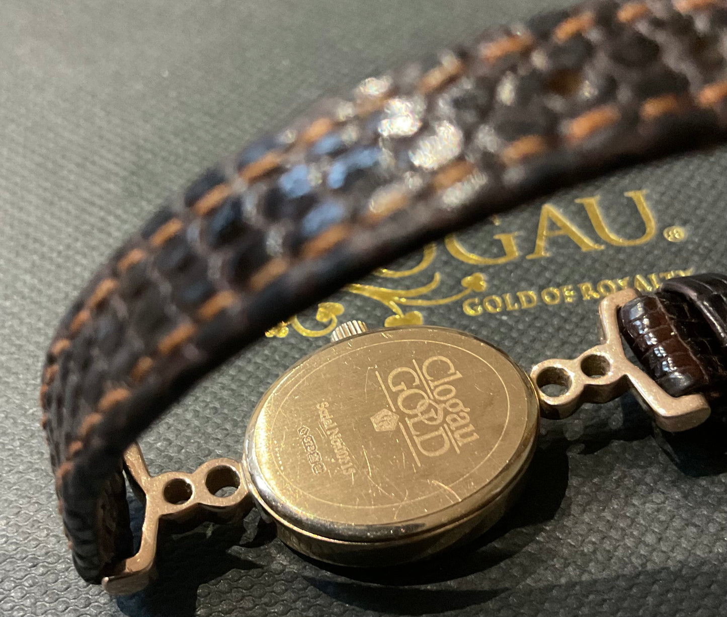 Ladies Clogau 9ct Diamond accent watch with original brown leather strap in yellow and rose gold new battery working