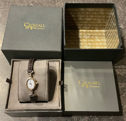 Ladies Clogau 9ct Diamond accent watch with original brown leather strap in yellow and rose gold new battery working