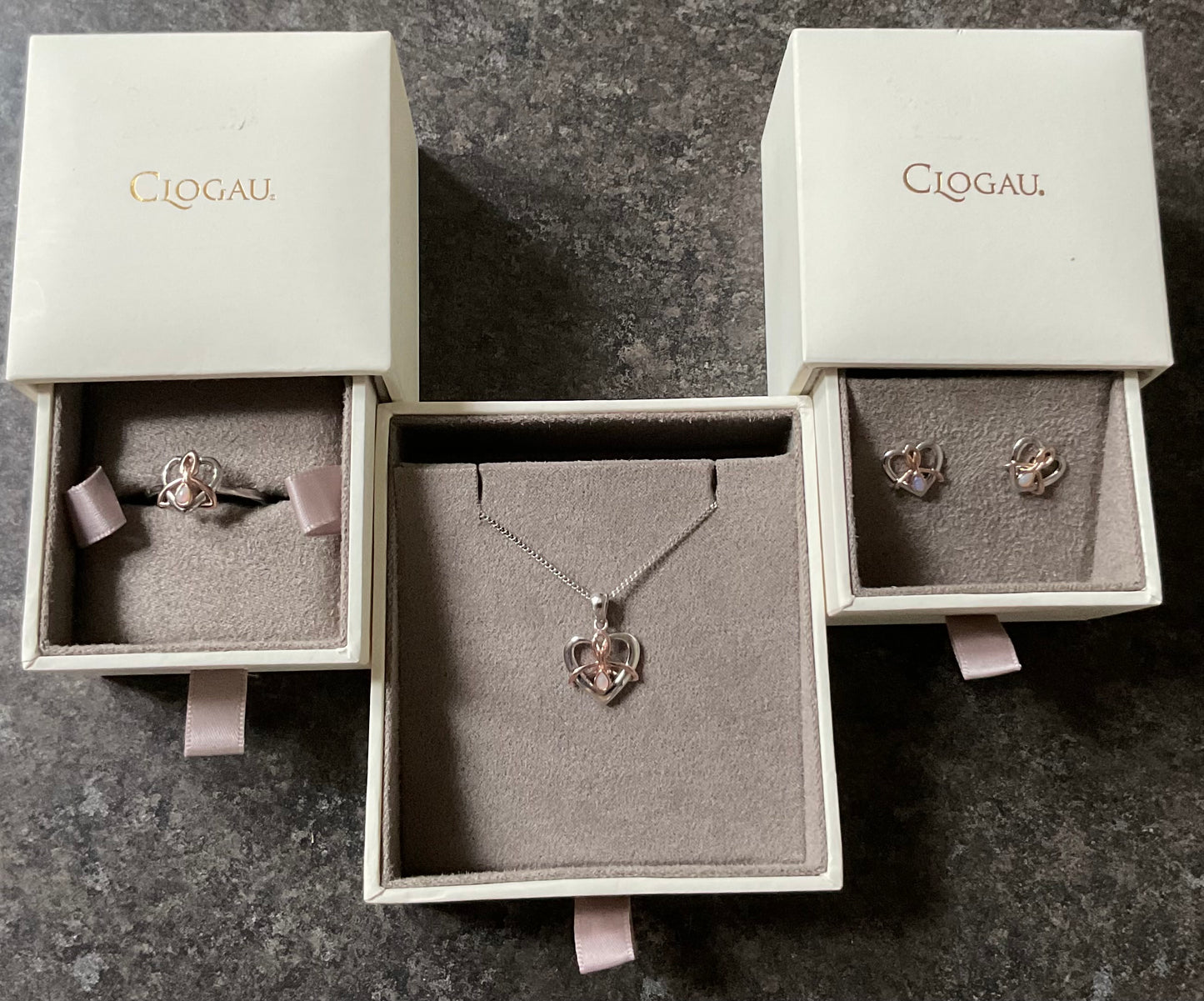 Clogau Dwynwen Opal necklace and matching stud earrings in silver and rose gold (ring has sold)
