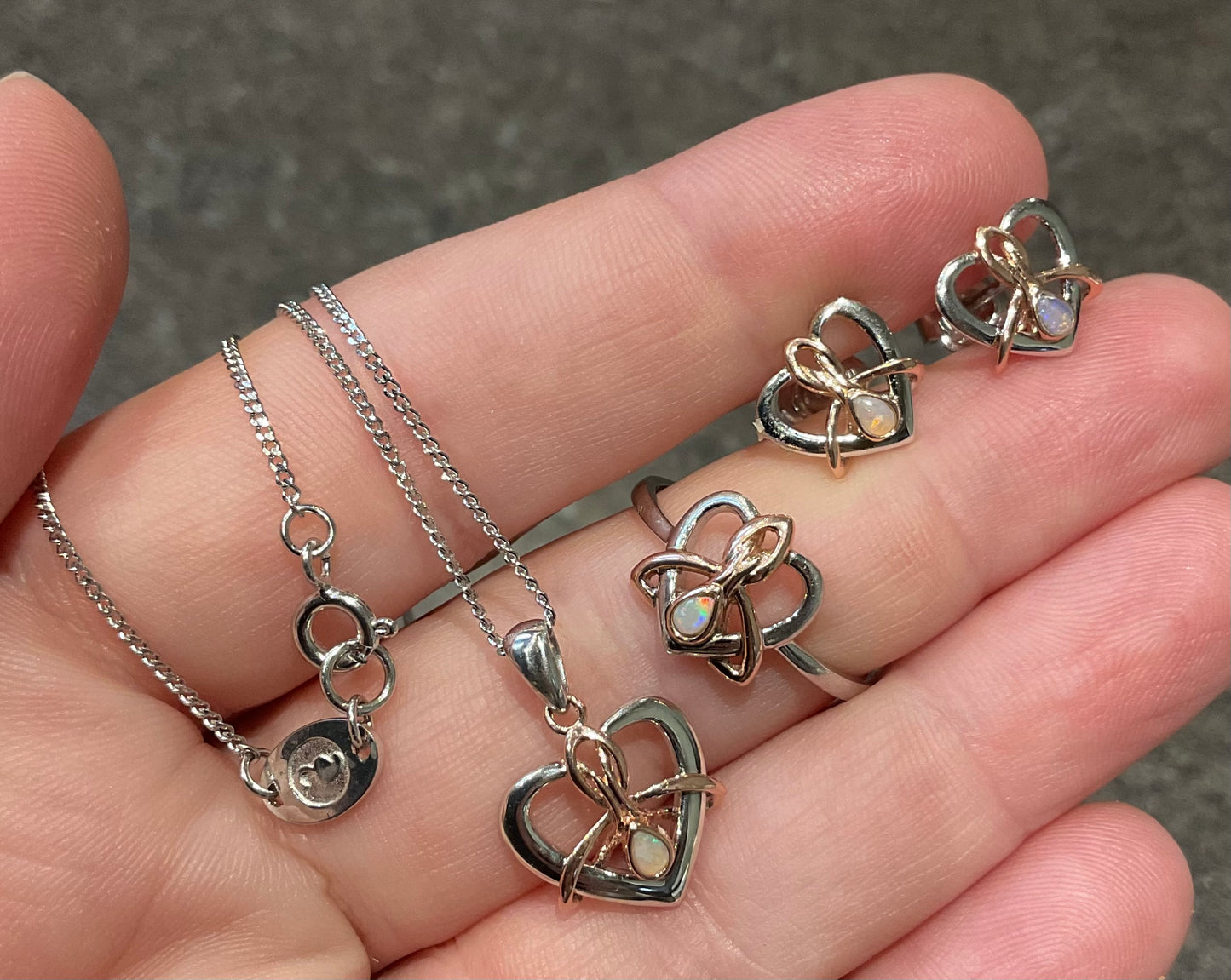 Clogau Dwynwen Opal necklace and matching stud earrings in silver and rose gold (ring has sold)