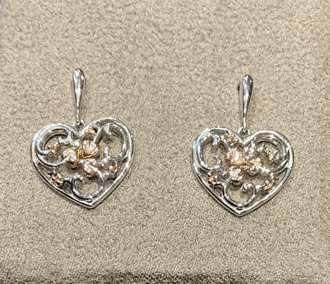 Clogau Tree of Life Heart drop earrings in silver and rose gold
