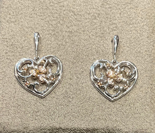 Clogau Tree of Life Heart drop earrings in silver and rose gold