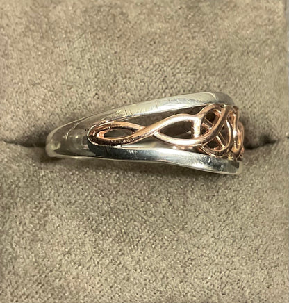 Clogau Welsh Royalty Celtic Knot ring size W in silver and rose gold RRP £250