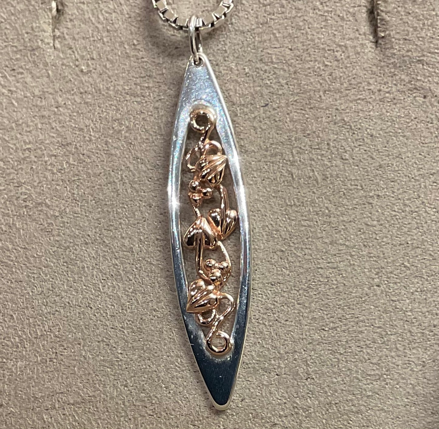 Clogau Tree of Life long elliptical pendant necklace 18” in silver and rose gold