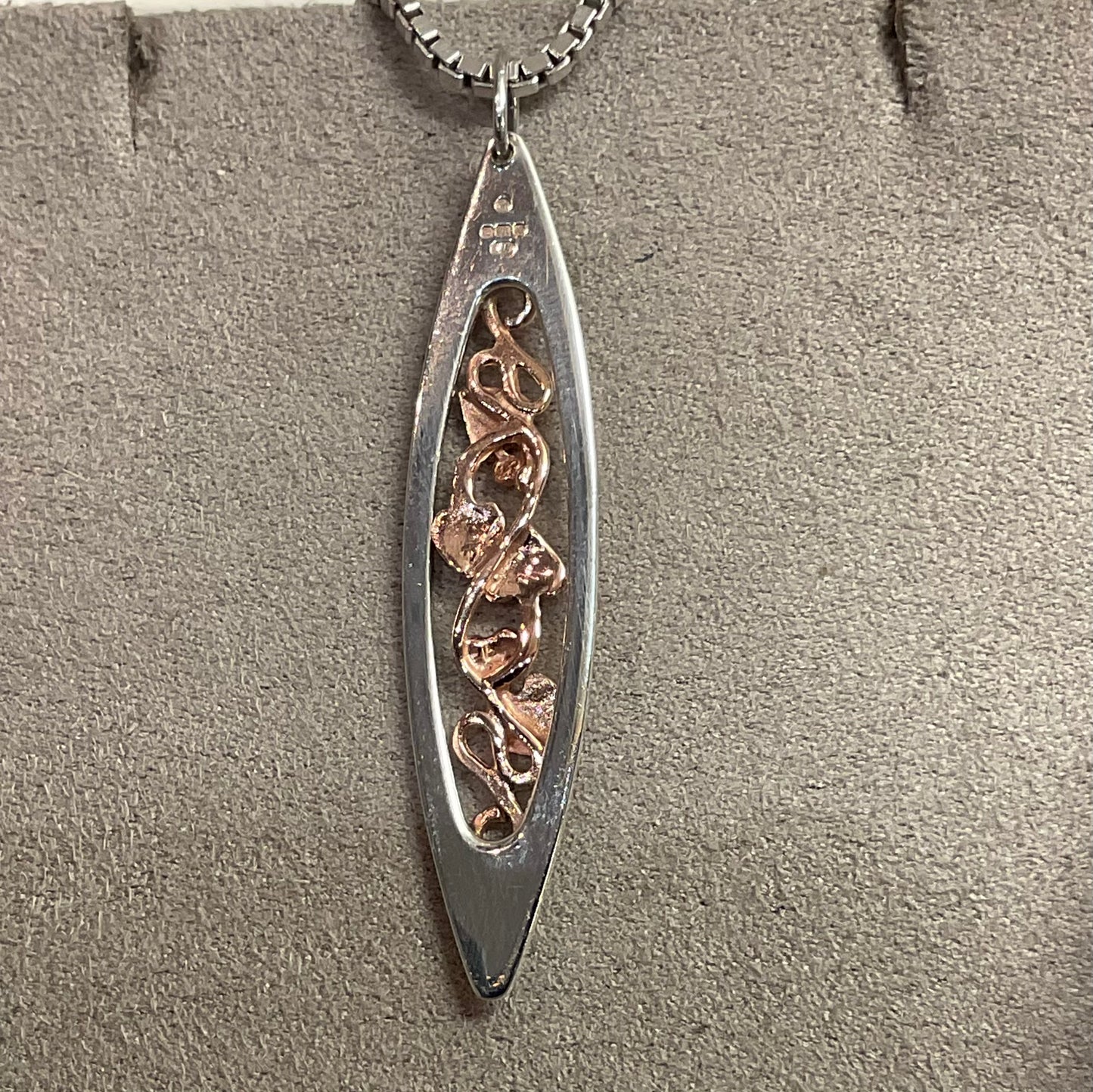 Clogau Tree of Life long elliptical pendant necklace 18” in silver and rose gold