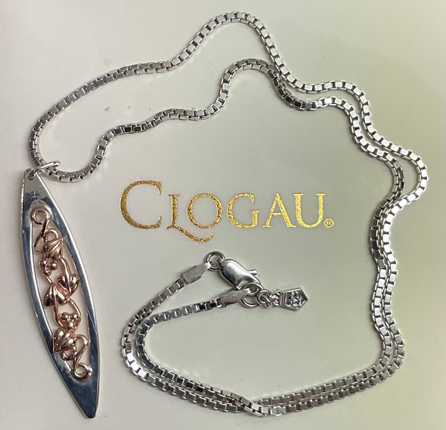 Clogau Tree of Life long elliptical pendant necklace 18” in silver and rose gold