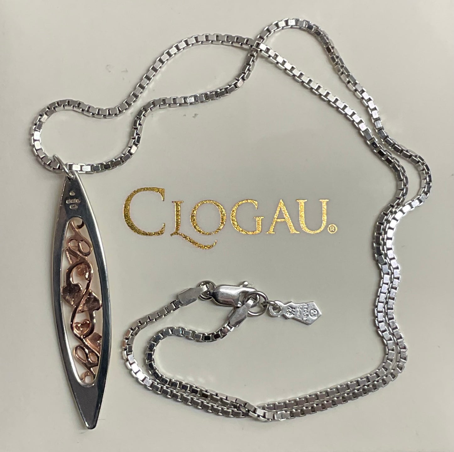 Clogau Tree of Life long elliptical pendant necklace 18” in silver and rose gold