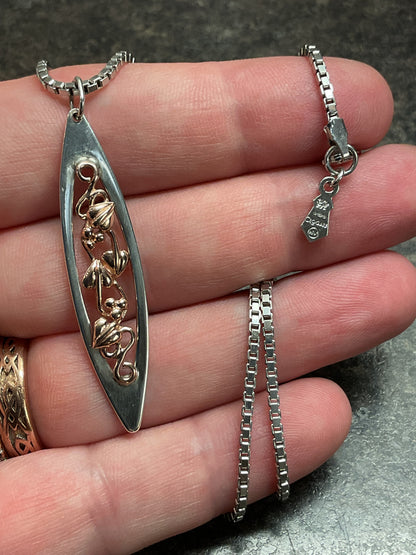 Clogau Tree of Life long elliptical pendant necklace 18” in silver and rose gold