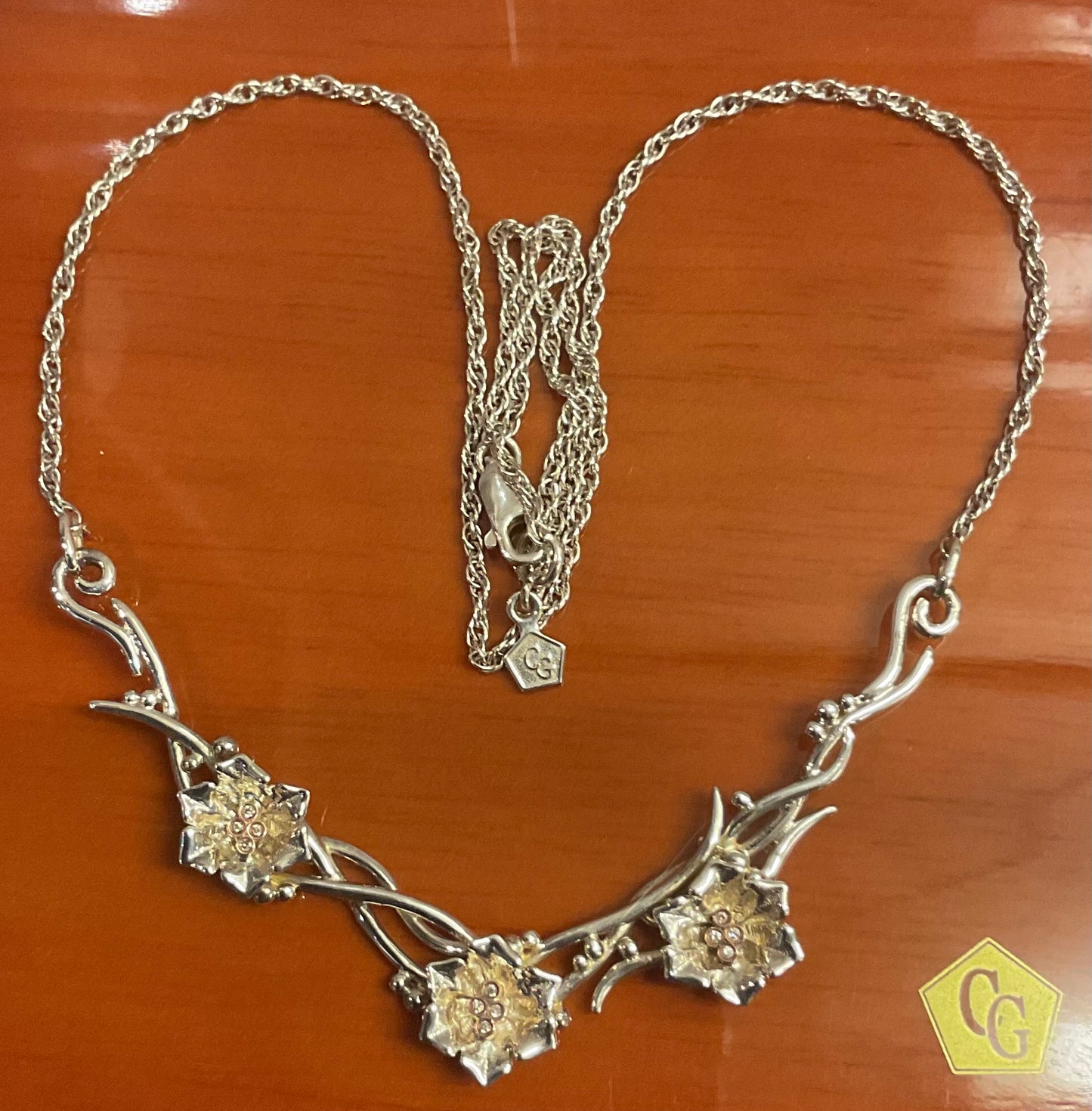 Rare Clogau Snowdon Lily Diamond silver and rose gold necklet 17” necklace