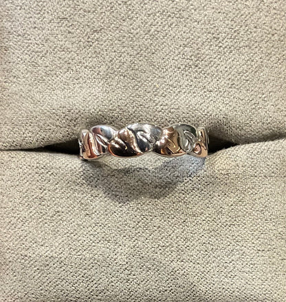 Clogau Tree of Life Two Tone alternating silver and rose gold leaf band ring size O RRP £209