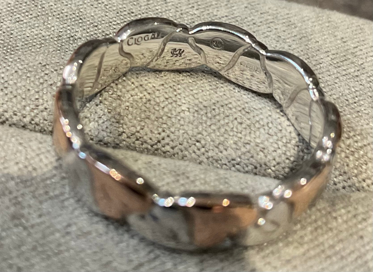 Clogau Tree of Life Two Tone alternating silver and rose gold leaf band ring size O RRP £209