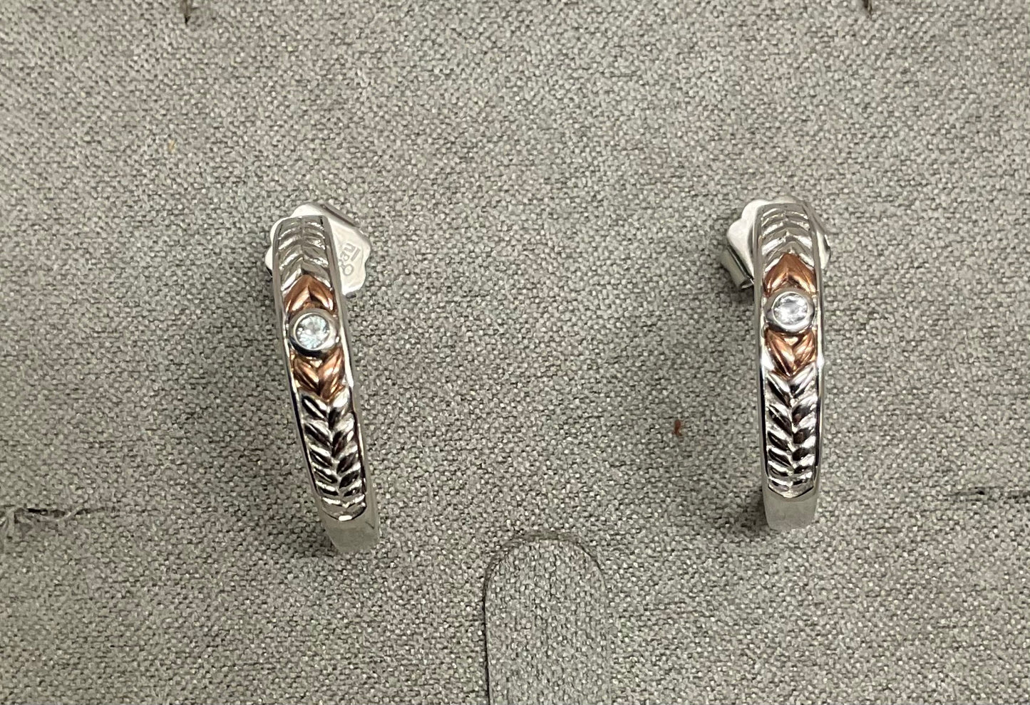 Clogau Lilibet Blue Topaz 3/4 hoop earrings in silver and rose gold