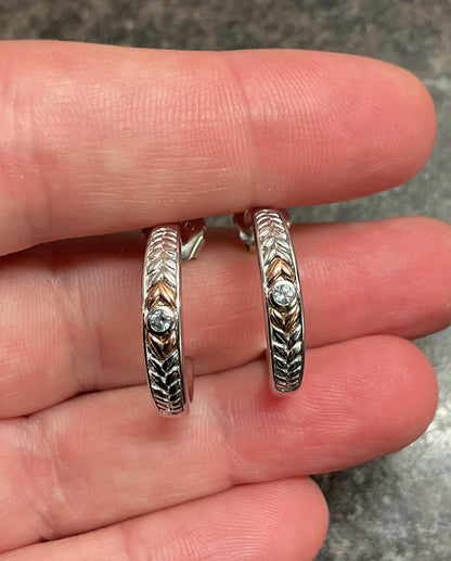 Clogau Lilibet Blue Topaz 3/4 hoop earrings in silver and rose gold