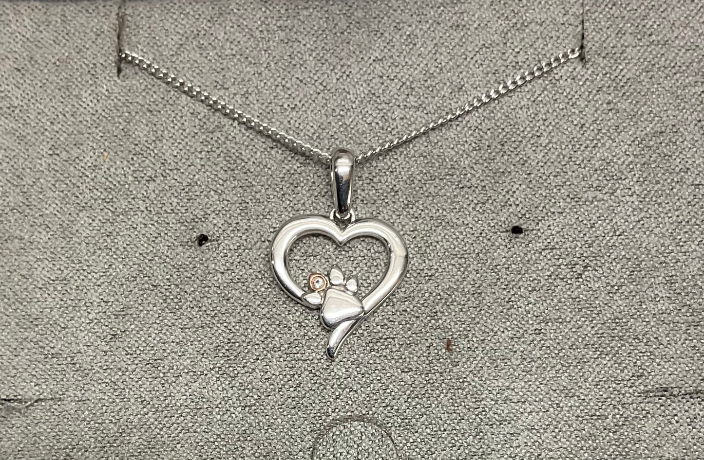 Clogau Paw Prints on my Heart White Topaz pendant necklace in silver and rose gold 18-22”