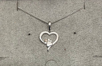 Clogau Paw Prints on my Heart White Topaz pendant necklace in silver and rose gold 18-22”