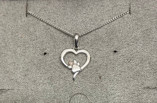 Clogau Paw Prints on my Heart White Topaz pendant necklace in silver and rose gold 18-22”