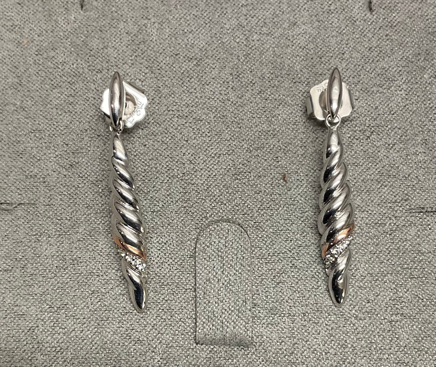 Clogau Lovers Twist White Topaz drop earrings in silver and rose gold