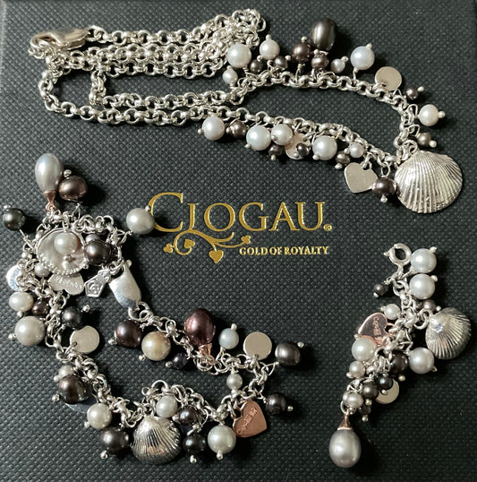 Clogau Beachcomber Peacock & Grey Pearl necklace, bracelet and charm set in silver and rose gold
