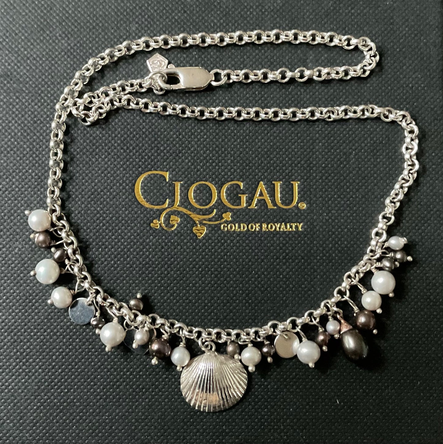 Clogau Beachcomber Peacock & Grey Pearl necklace, bracelet and charm set in silver and rose gold