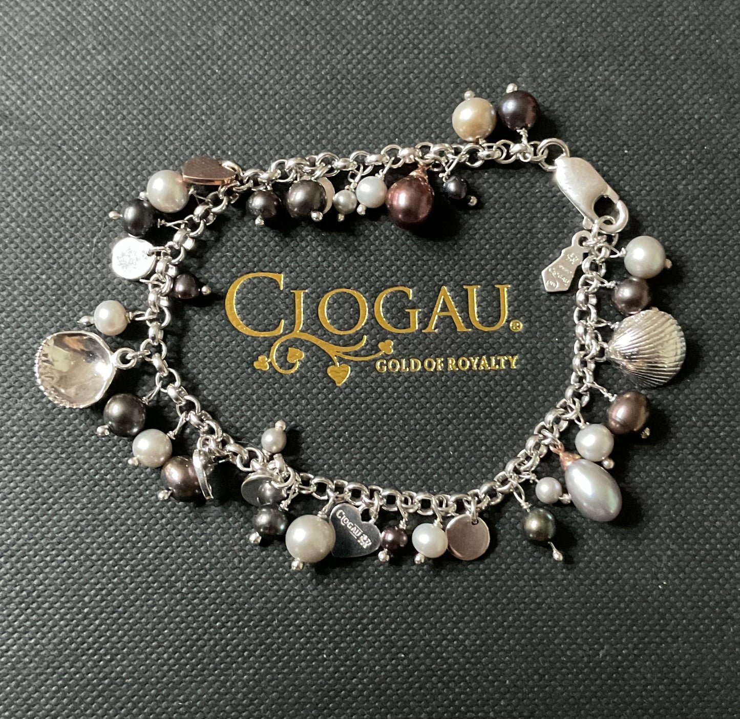 Clogau Beachcomber Peacock & Grey Pearl necklace, bracelet and charm set in silver and rose gold