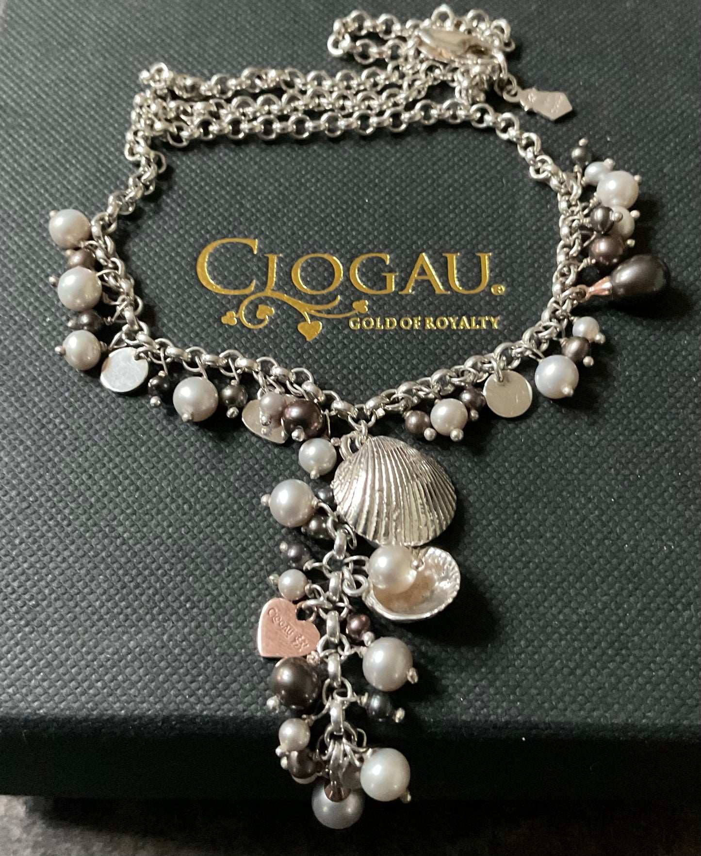 Clogau Beachcomber Peacock & Grey Pearl necklace, bracelet and charm set in silver and rose gold