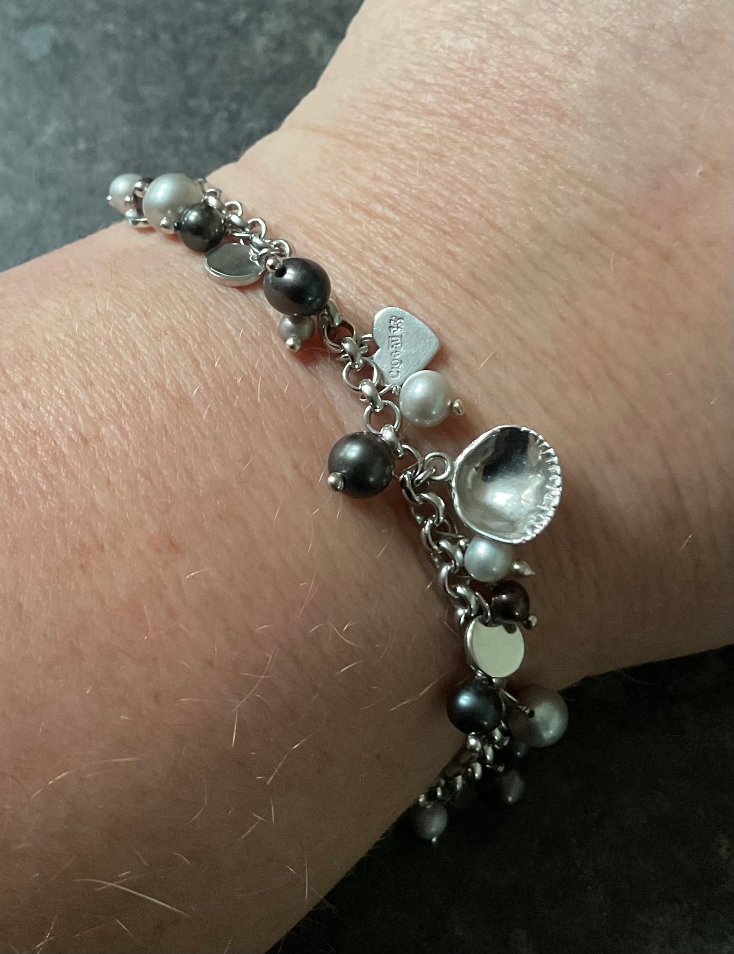 Clogau Beachcomber Peacock & Grey Pearl necklace, bracelet and charm set in silver and rose gold