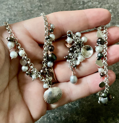 Clogau Beachcomber Peacock & Grey Pearl necklace, bracelet and charm set in silver and rose gold
